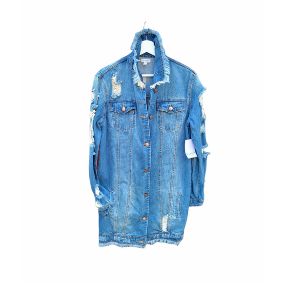 Nordstrom's, Distressed Mid Length Denim Jacket, Size Small Petite - Picture 1 of 11